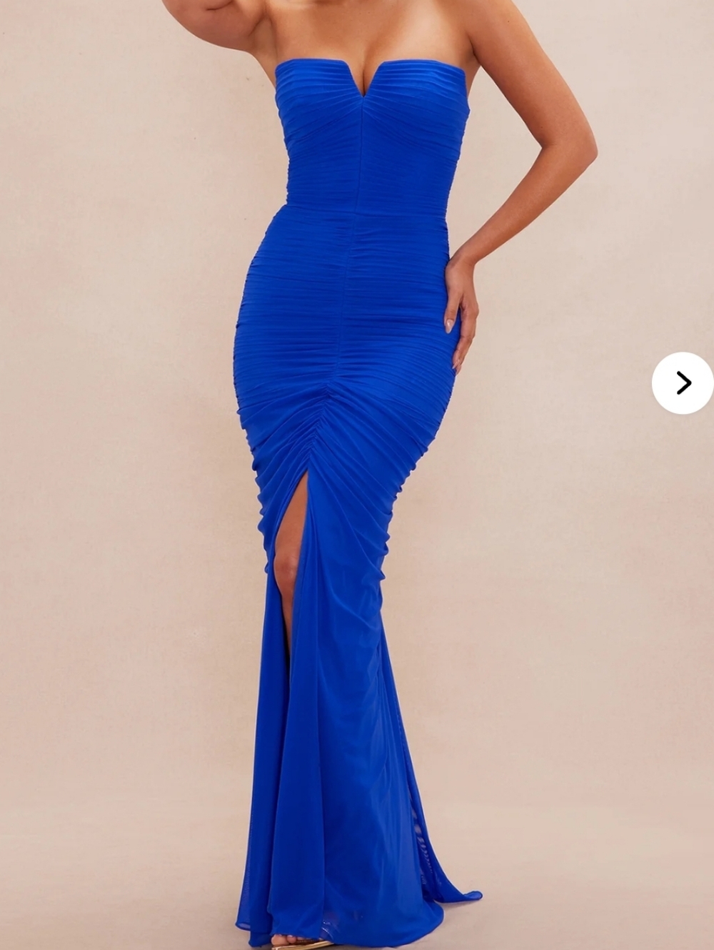 Strapless Royal Blue Ruched Evening Gown